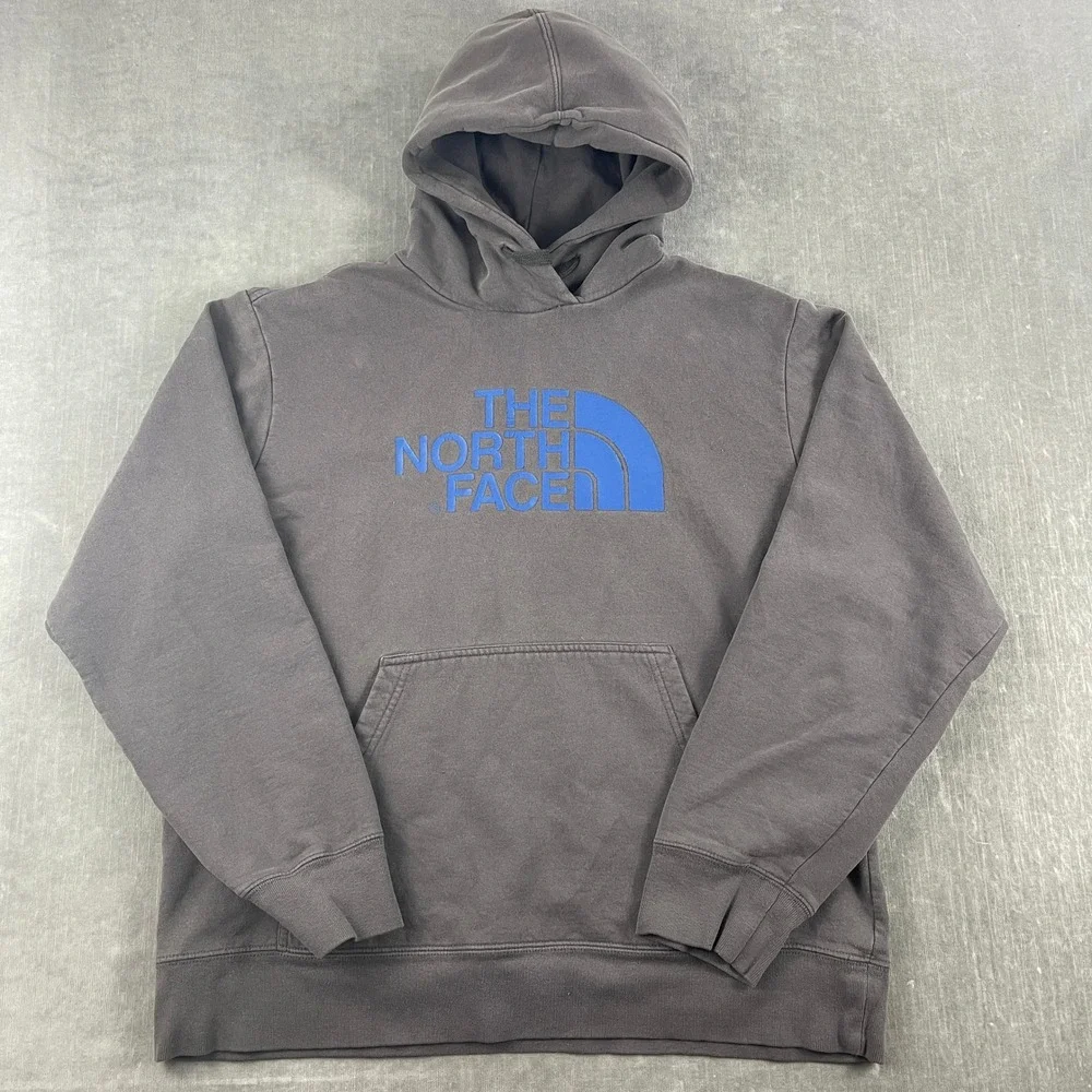 The North Face Men Large Gray Hoodie Blue Logo Graphic Pullover Sweatshirt